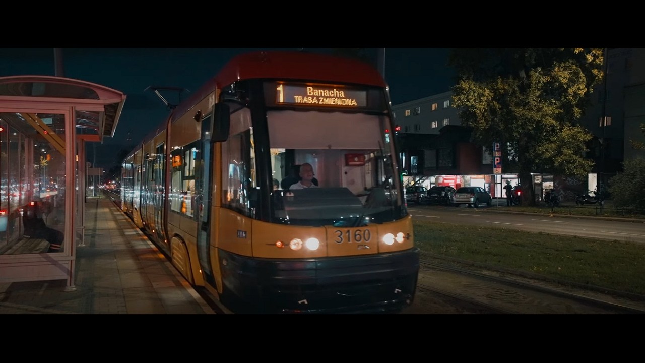 Poland, Warsaw, tram 1 night ride from Kino Femina to Muzeum Powstania Warszawskiego