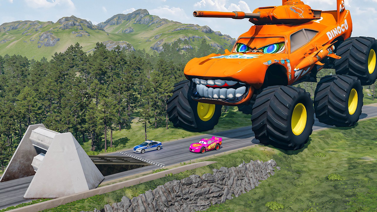 Big & Small McQueen & Police Car vs Zombie Mack, Giant Speed Bumps Downhill Race &ndash; BeamNG.drive