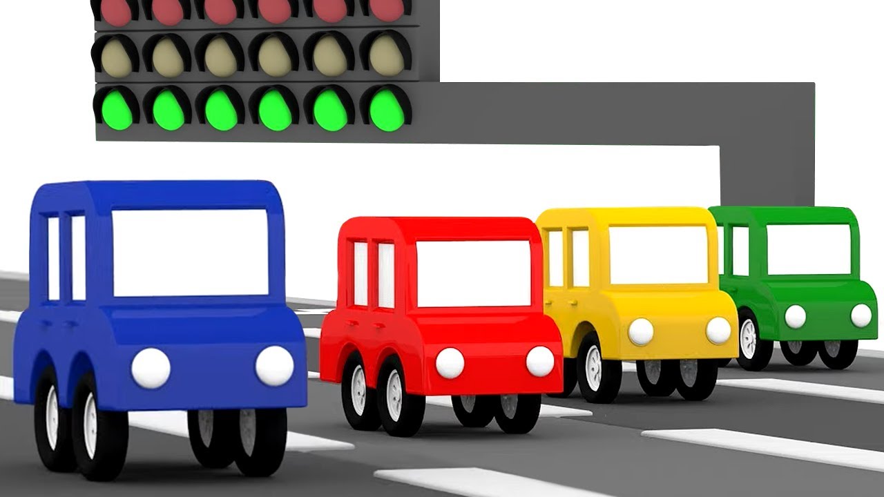 Vamos correr com os quatro carros coloridos! Desenho animado infantil. Desenhos animados