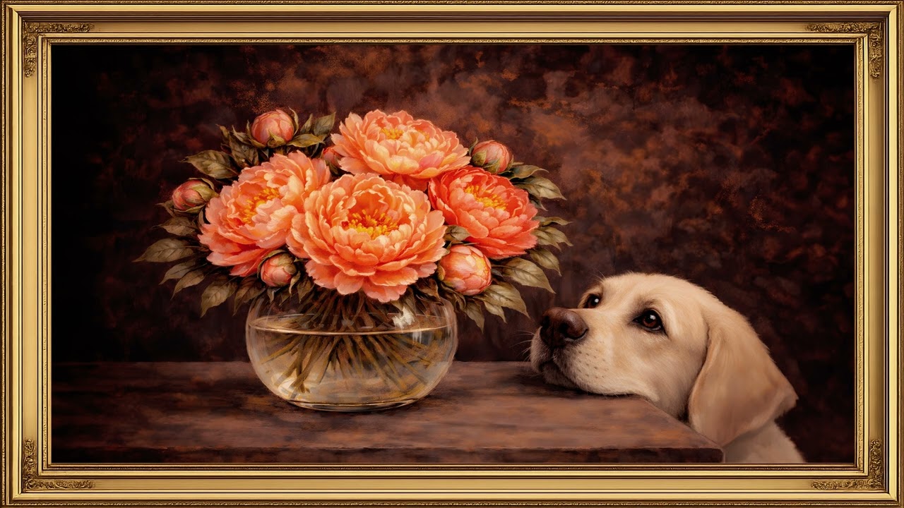 Elegant Floral Art with Dog | 4K Frame TV Screensaver (3 Hours)
