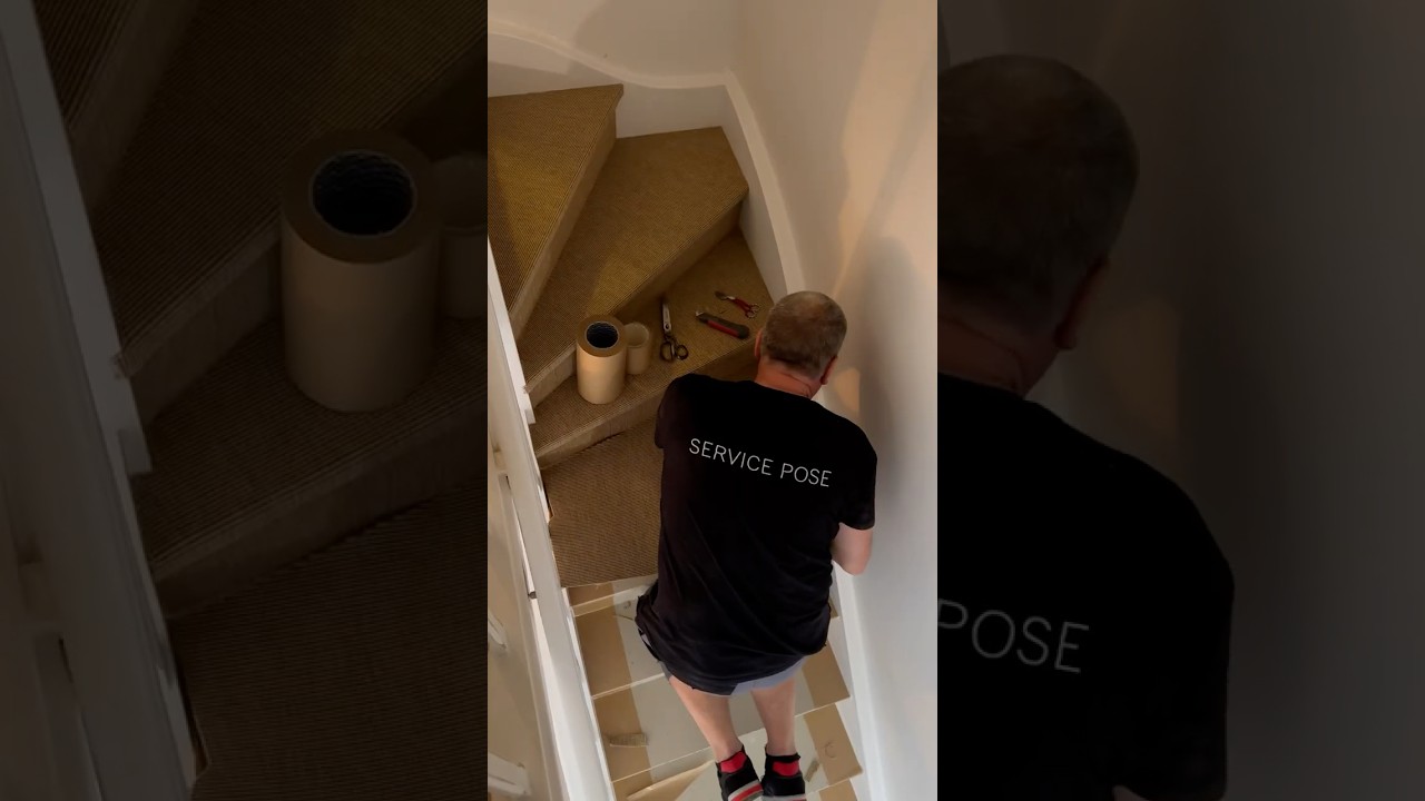 La pose d&rsquo;une moquette en escalier sublim&eacute;e par nos poseurs !🤩 #renovation #escalier #reno #travaux