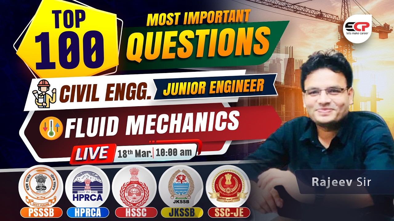 Civil Engg. JE 2026 | Top 100+ Fluid Mechanics Questions | PSSSB HPRCA HSSC JKSSB SSC JE | Live