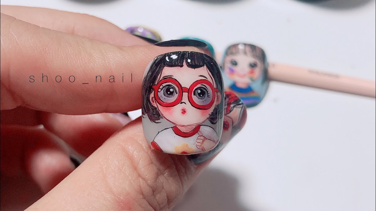 Mẫu vẽ nail chibi cô bé đeo kính đỏ siêu dễ thương | video chậm dễ vẽ theo