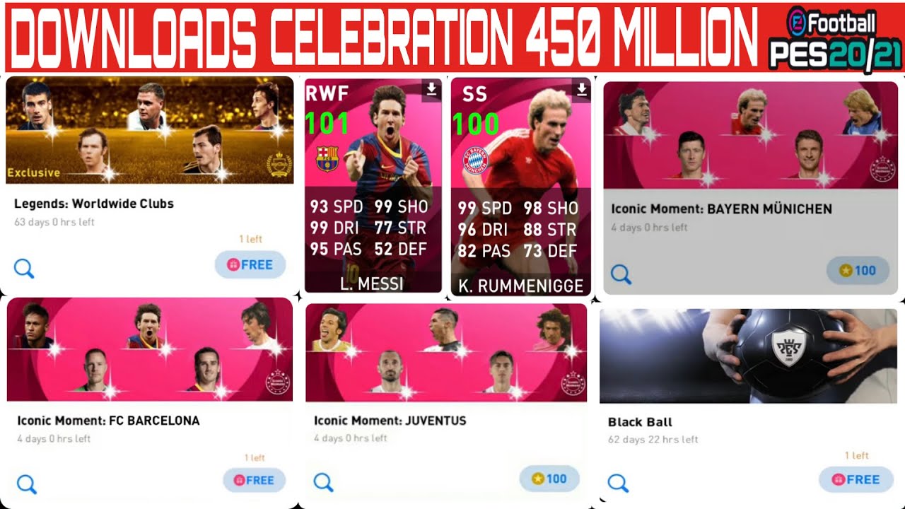 450 MILLIONS DOWNLOADS CELEBRATION CAMPAIGN 🔥🔥💯💯🤩🤩 FREE ICONIC & REWARDS IN PES 2021 MOBILE