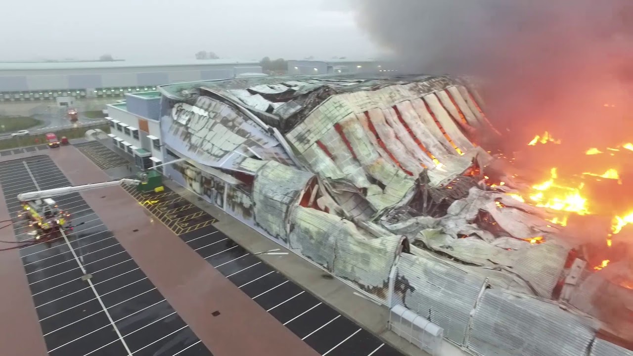 Drone footage of Drayton Fields Industrial Estate warehouse fire