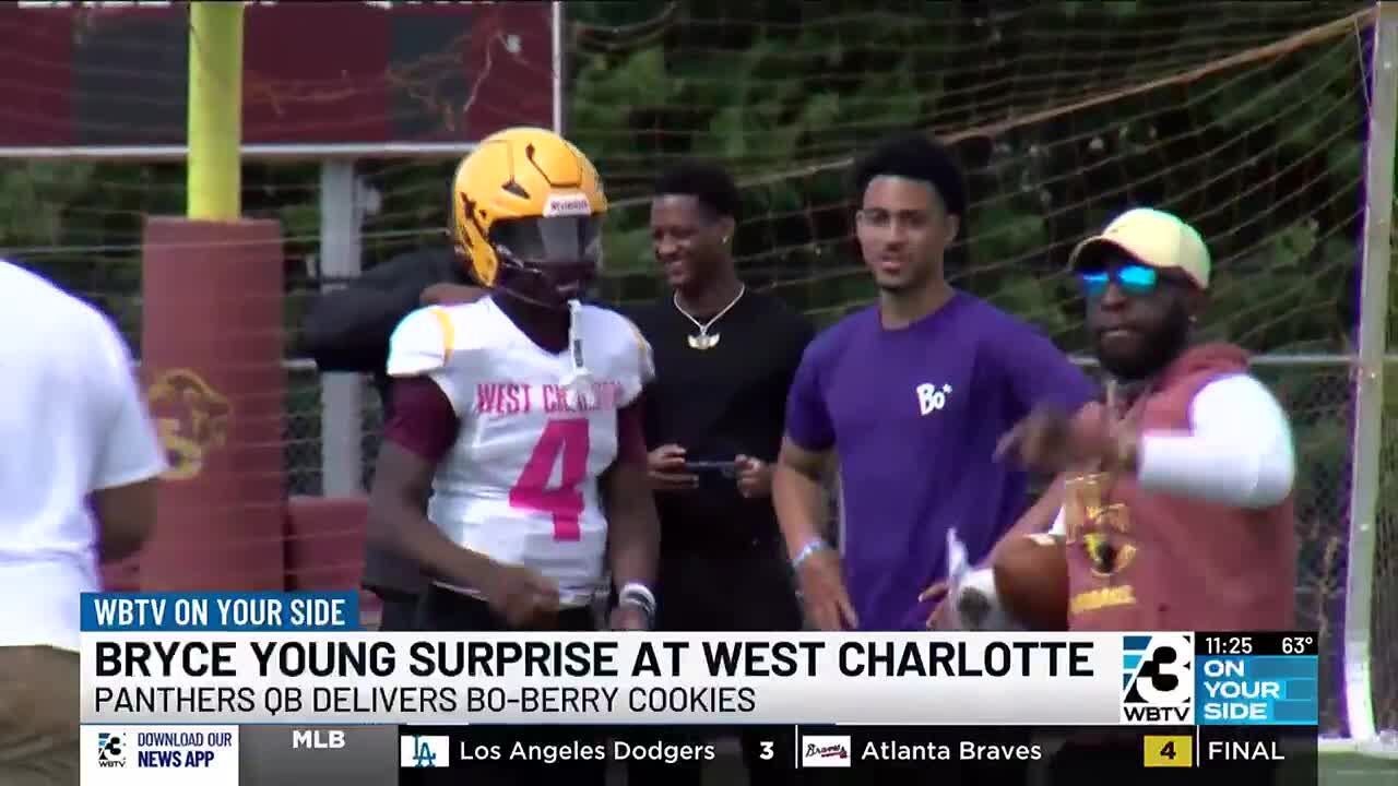 Bryce Young surprises West Charlotte football team with Bo-Berry Cookies and delivers a message a...