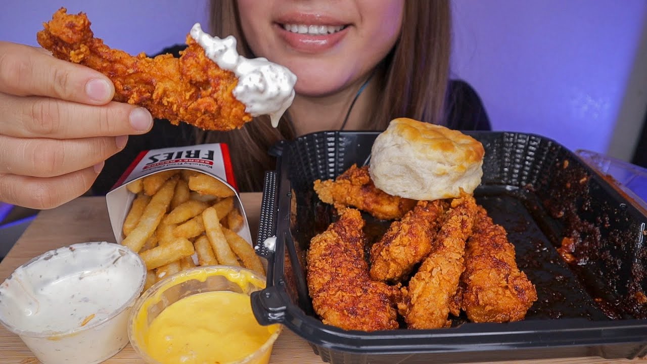 ASMR KFC NASHVILLE HOT CHICKEN TENDERS + FRIES & WINGSTOP RANCH *NO TALKING*