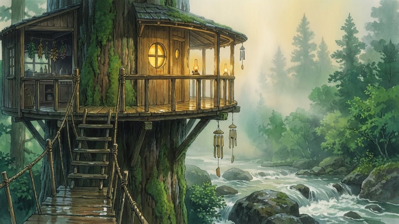 A Peaceful Rainy Day of a Family in a Treehouse | Ghibli-Style ASMR & Piano