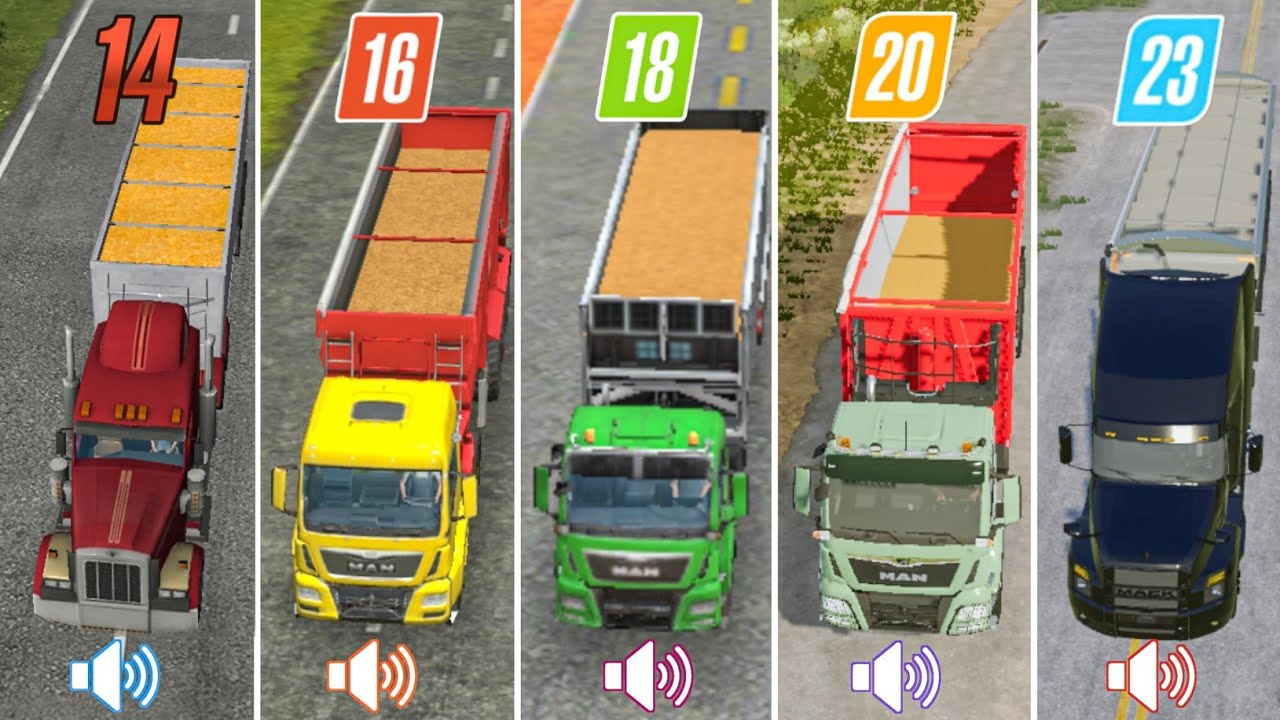 Fs14 vs Fs16 vs Fs18 vs Fs20 vs Fs23 | Sound Check & Wheat Transport With Trucks | Timelapse 