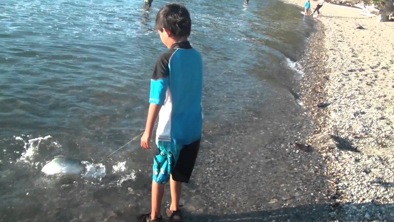 Boris and Dimitri catch and release  a pink salmon on the Furry Creek beach 2