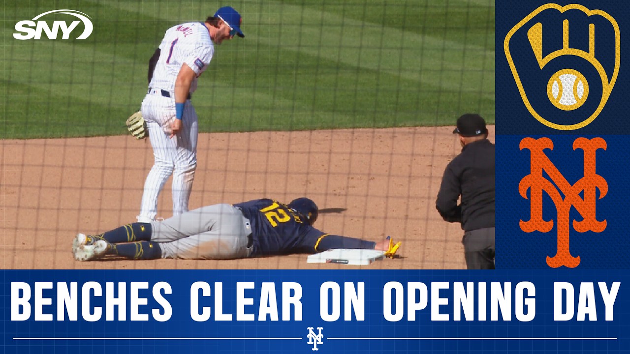 Benches clear as Rhys Hoskins slides into Jeff McNeil during Mets Opening Day vs Brewers | SNY