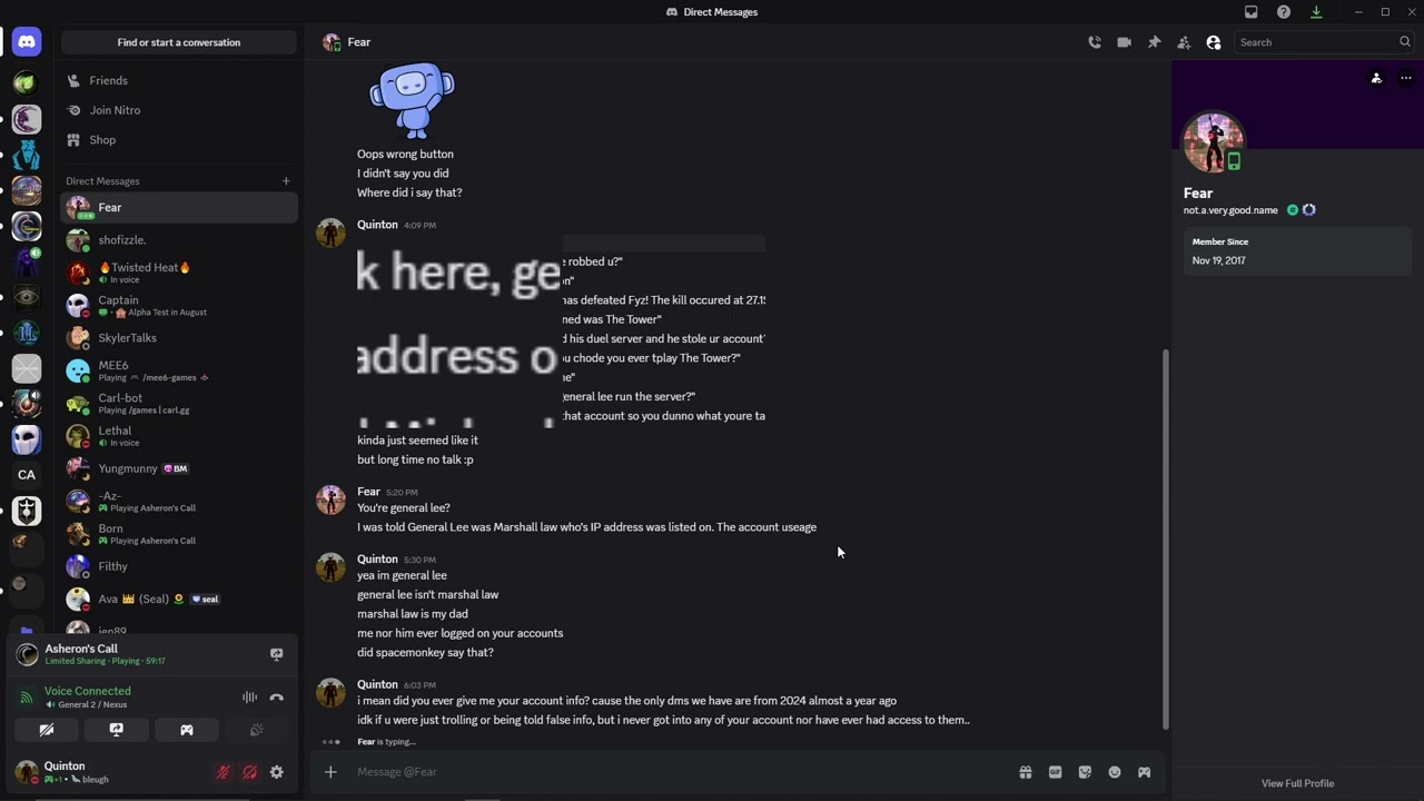 Fear confirming he didn't give us any account info.
