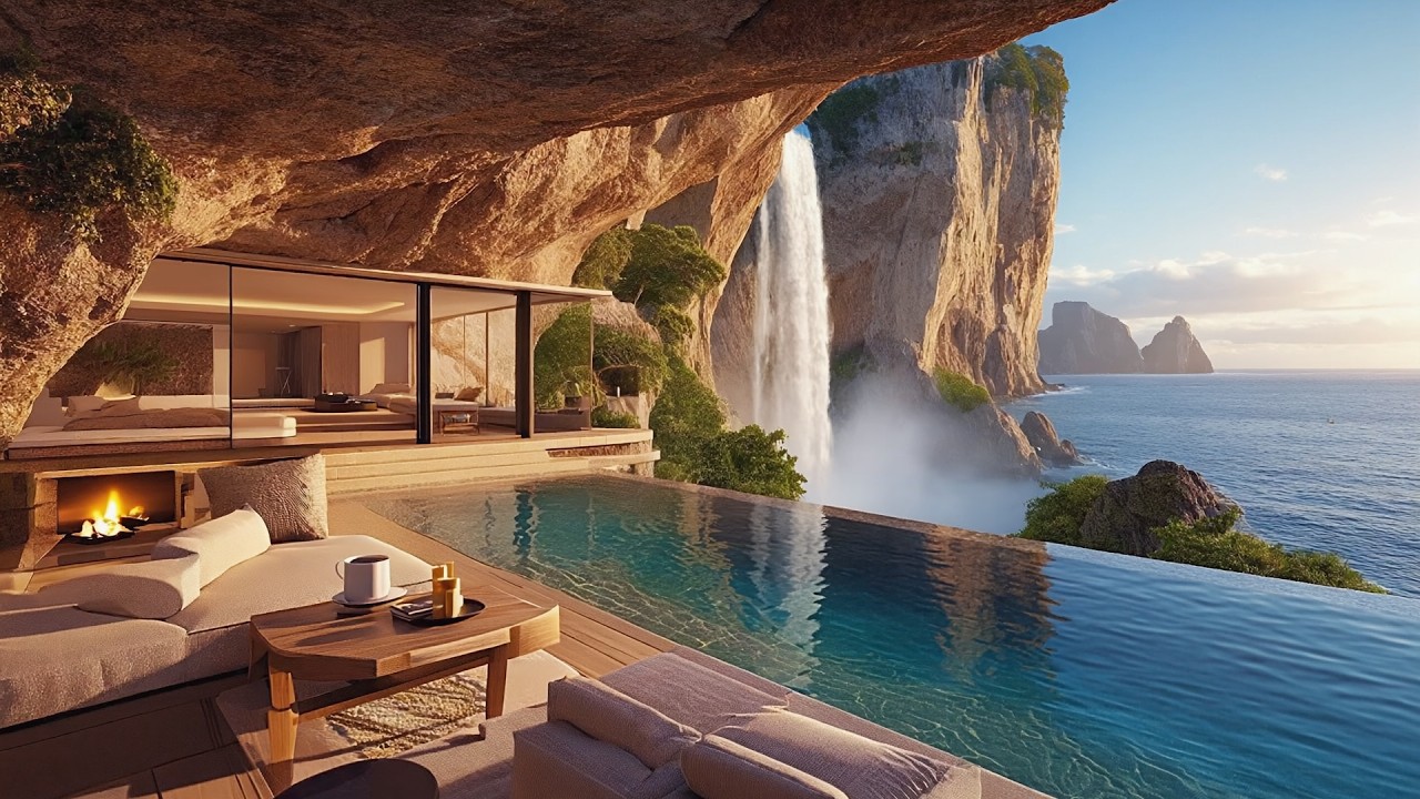 Dream Cliffside Villa Ambience | Infinity Pool, Ocean Waterfall & Sunset Relaxation Loop