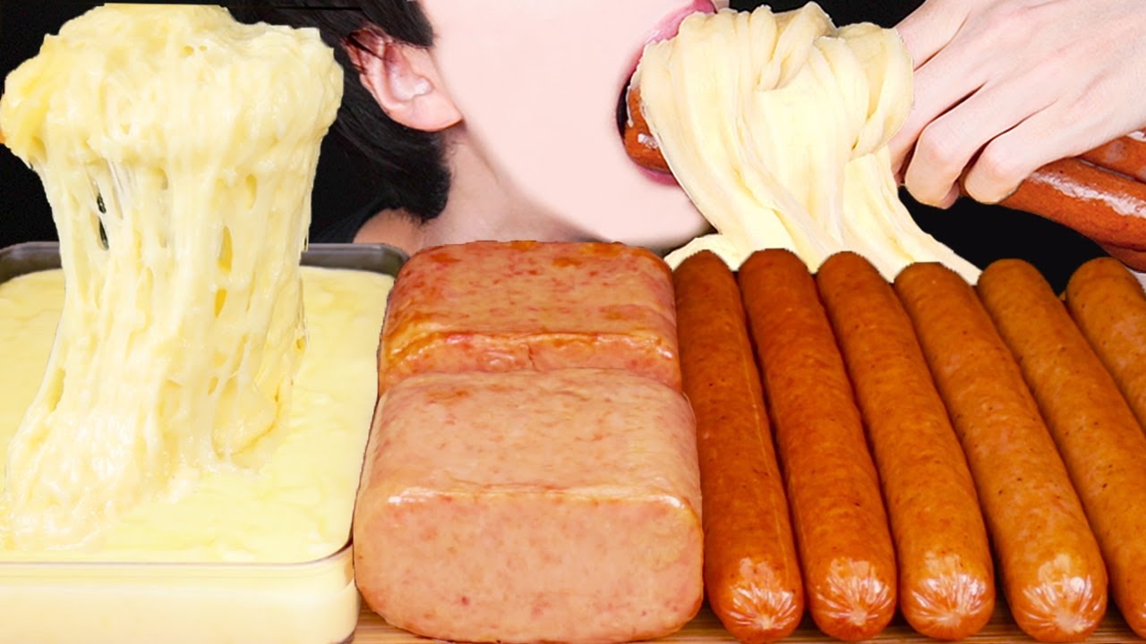 ASMR SAUSAGE STRETCHY CHEESE SPAM NUCLEAR FIRE SAUCE COOKING MUKBANG 치즈 소세지 먹방 チーズ 咀嚼音 EATING SOUNDS