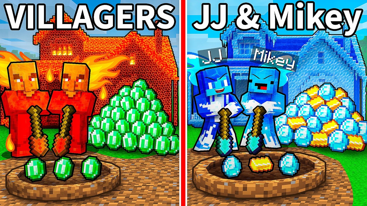 JJ and Mikey vs Villagers: ELEMENTAL TREASURE MINE BATTLE in Minecraft - Maizen