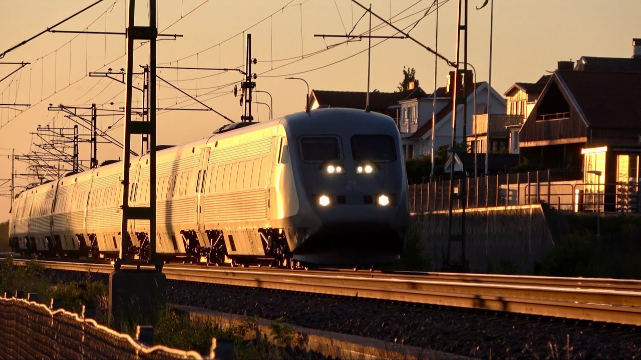 Tåg i rapsfält och solnedgång vid Barkåkra