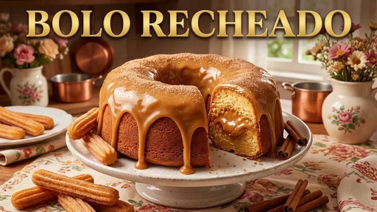 🥮 BOLO CHURROS RECHEADO E FOFINHO | O Bolo que já sai Recheado do Forno!