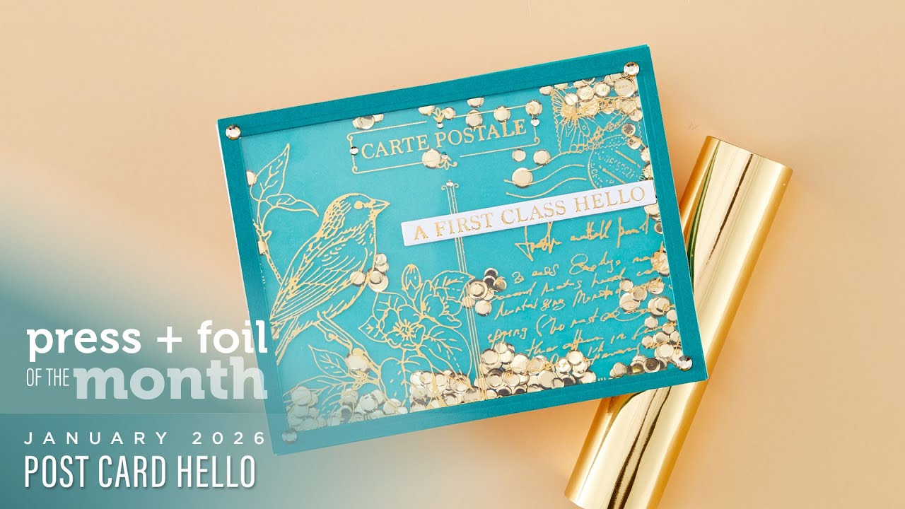 Spellbinders Январь 2026 BetterPress & Foil Plate of the Month – Post Card Hello