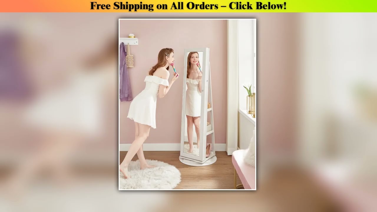 SONGMICS Jewelry Cabinet with Full-Length Mirror, 360 Rotating Jewelry Organizer with Lock, White