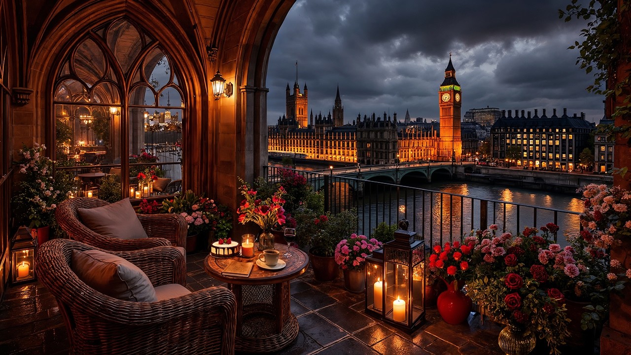 Luxury London Night Jazz ☕ Big Ben Balcony Café Ambience & Jazz Relaxing Music for Focus & Work