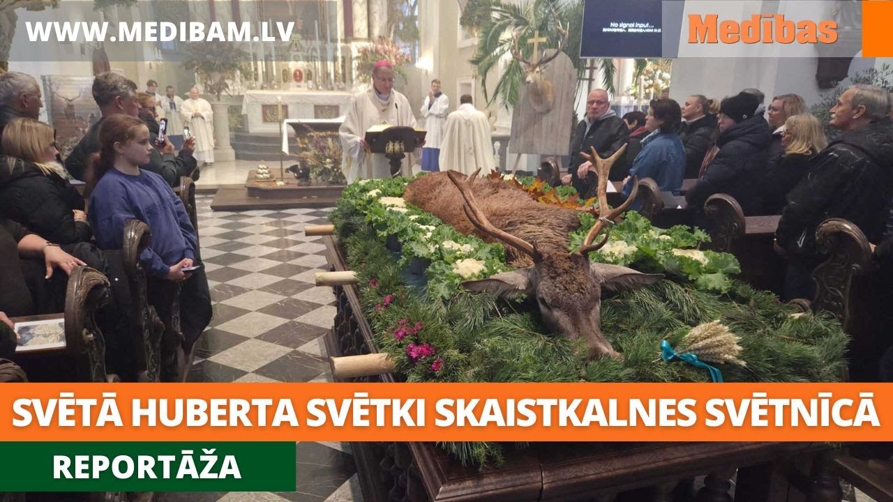Arhibīskaps svētī medniekus un viņu suņus. Svētā Huberta svētki Skaistkalnes svētnīcā. Reportāža
