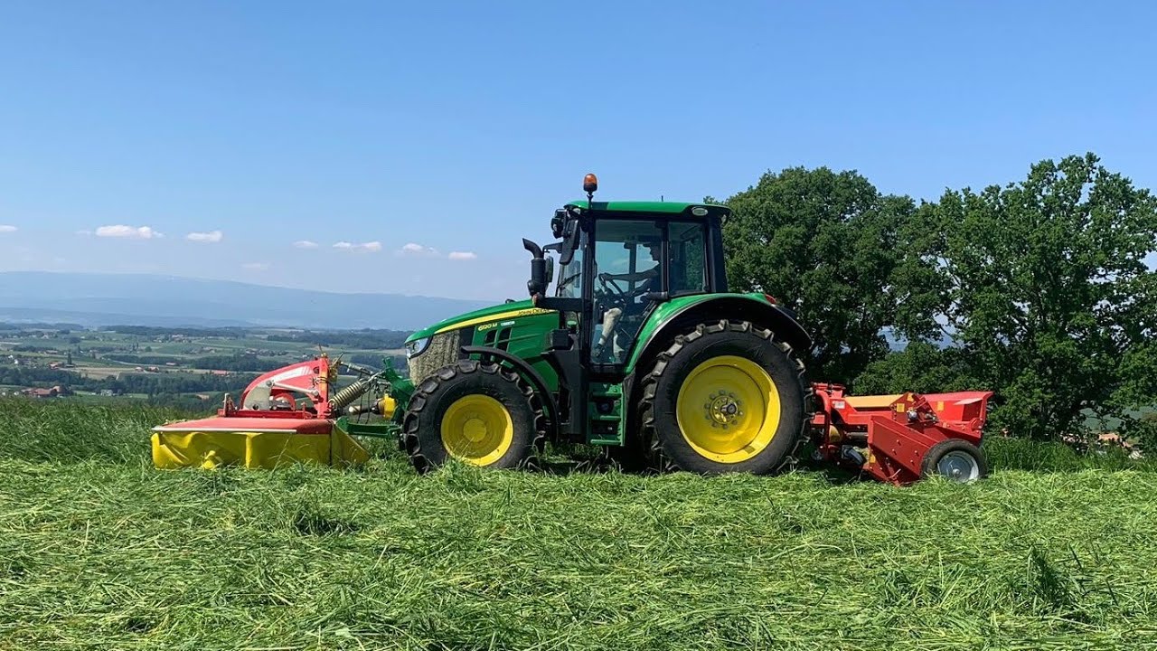 John Deere 6120m Heu mähen 2020 Schweiz