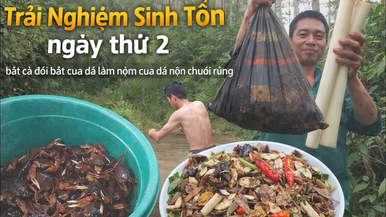 🌿 Sinh Tồn Ngày Thứ 2: Bắt Cá Đồi, Cua Đá Khủng – Làm Gỏi Cua Đá Nõn Chuối Rừng & Râu Sắn Nộm Lạc 