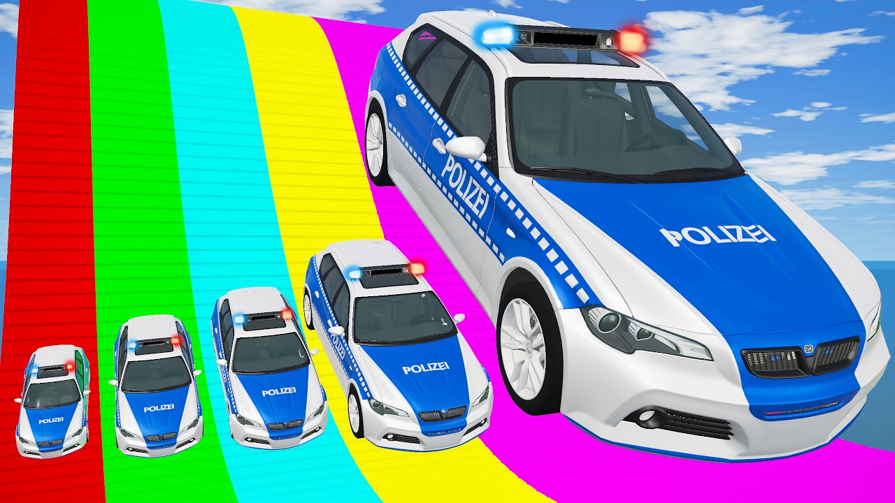 Giant & Small Police Car vs Portal Trap with Slide Colors – Cars vs Trains – BeamNG.Drive