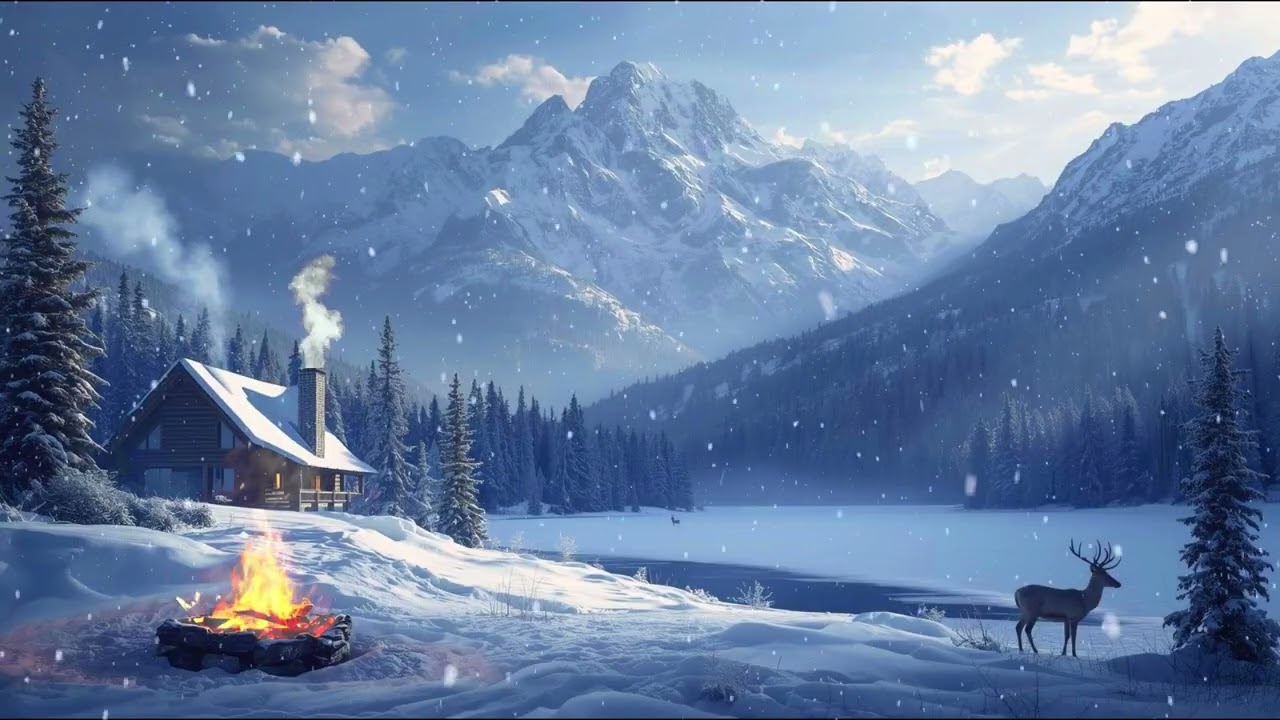 Winter Wonderland ❄️ Snowfall Evening at a Mountain Cabin, Crackling Fire & Peaceful Wilderness