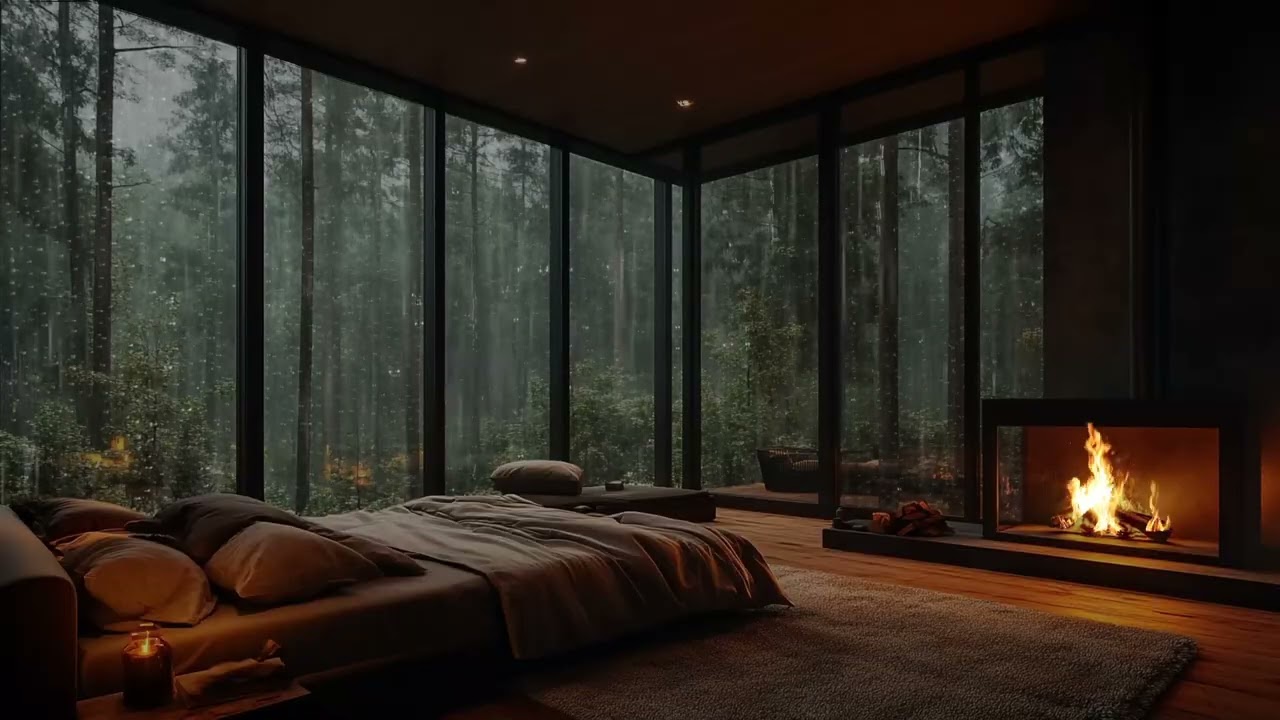 Sleep Fast Tonight with Heavy Rain on Window and Powerful Thunder in Cozy Forest Room