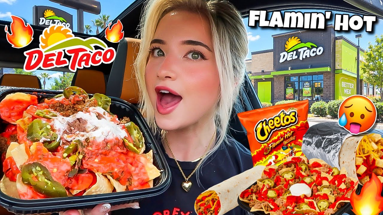 Eating NEW Flamin' Hot Cheetos QUESO Menu At Del Taco!!