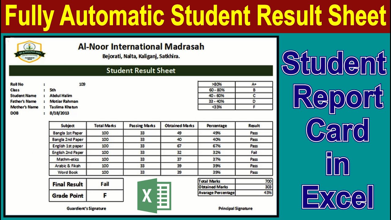 How to Make a Fully Automatic Result Sheet in Excel II Automatic Student Report Card in Excel Bangla