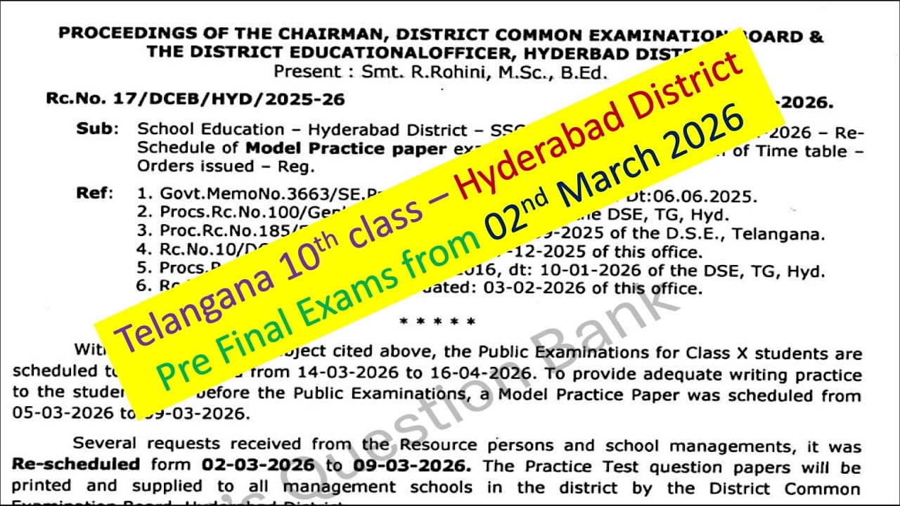 Hyderabad District Telangana 10th class Time Table - Pre Final Exam from 2nd March 2026 TG TS SSC