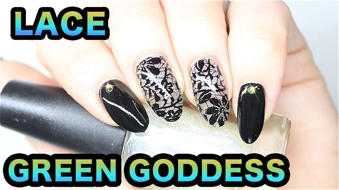 BLACK LACE NAIL ART | SHEER STAMPING NAIL ART DESIGN WITH CRYSTALS