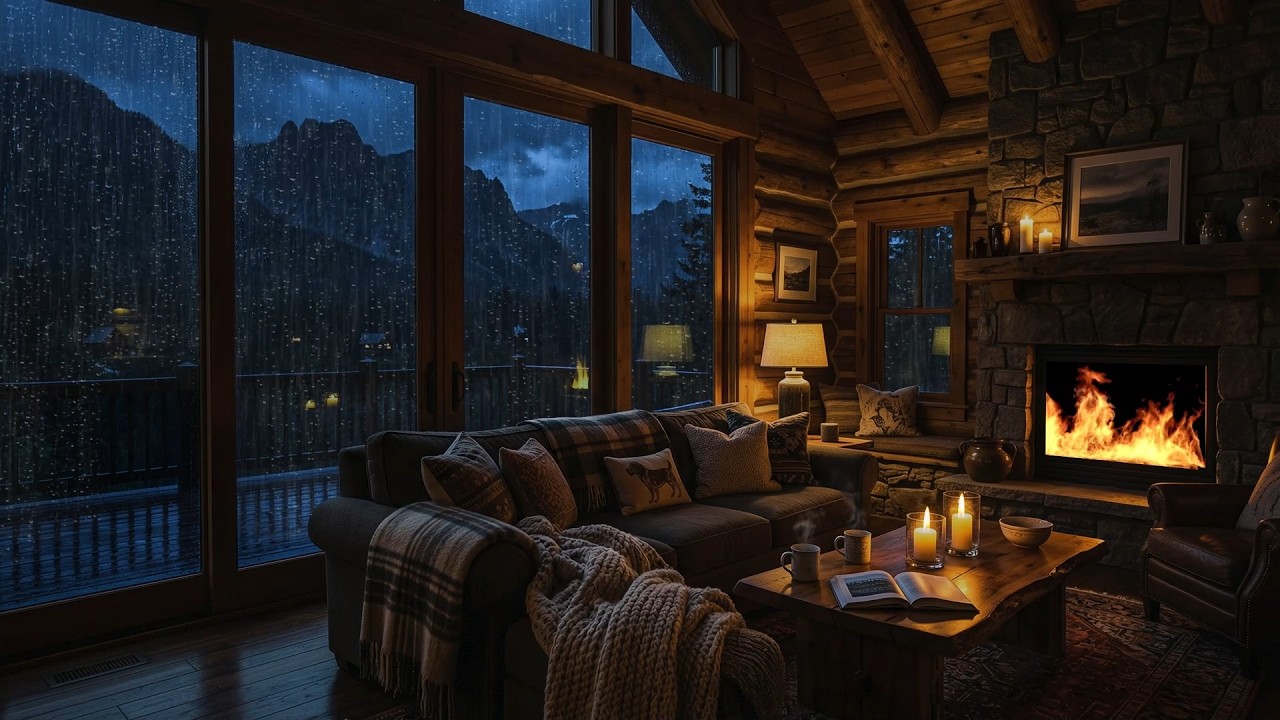 Rain & Thunder Sounds: Sleeping under a Glass Roof with Creakling Fireplace