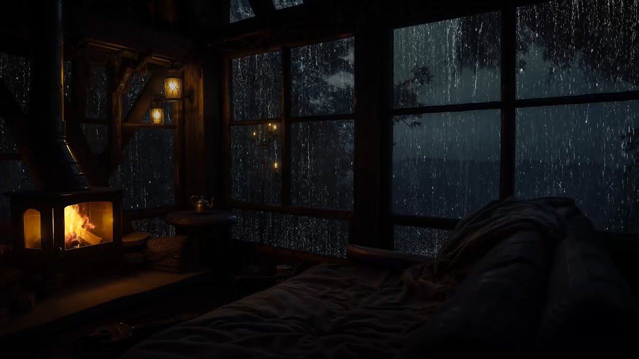 Cabin in the Rainy Woods | Fireplace & Relaxing Night Ambience with Rainfall