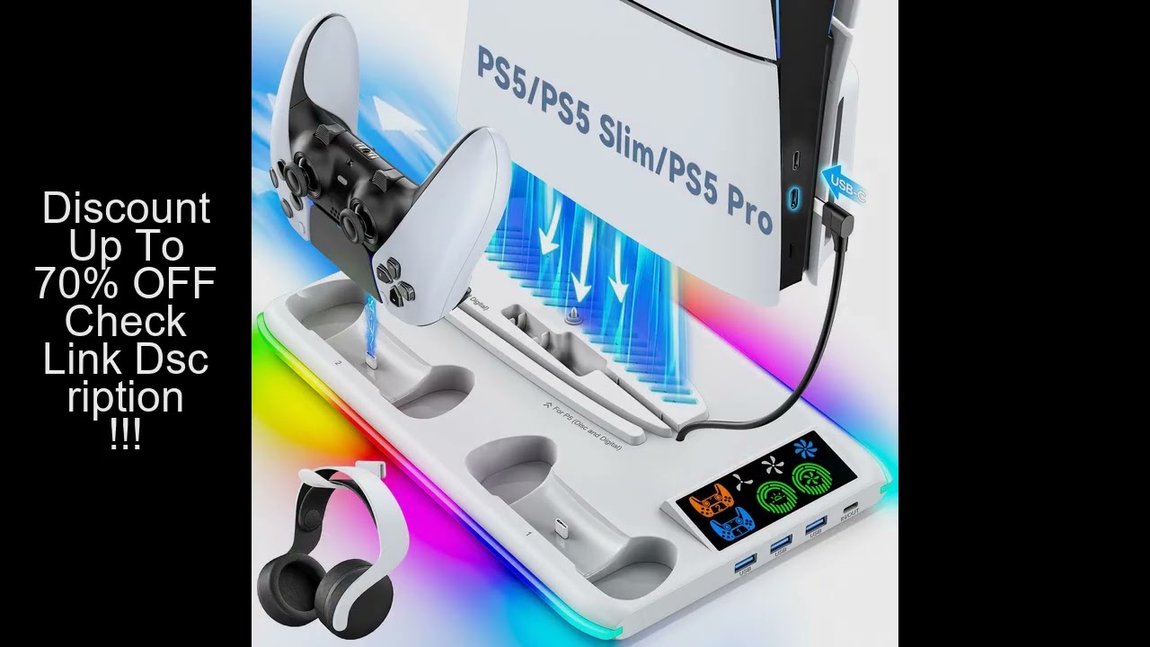 for PS5/PS5 Slim/PS5 Pro Stand with Headphone Hook Cooling Stand & Controller Charging Station for P