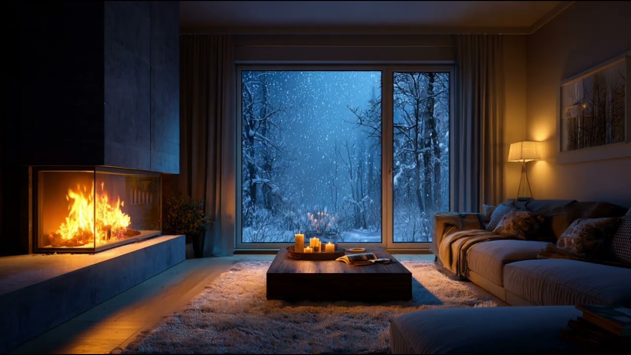 Fireplace with Gentle Ambient Music & Snow | Calm Winter Background for Sleep