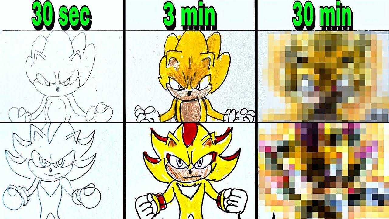 Drawing SUPER SONIC vs SUPER SHADOW in 30 sec, 3 min, 30 min | Sonic 3 movie