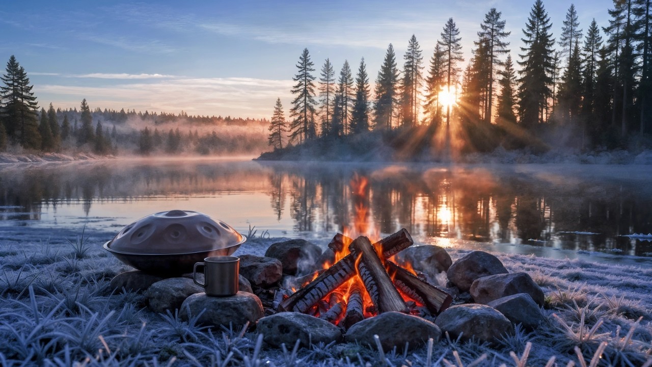 Morning in the Forest 🌲 Handpan 963Hz 🌅 Campfire Ambience & Birds, River Sounds
