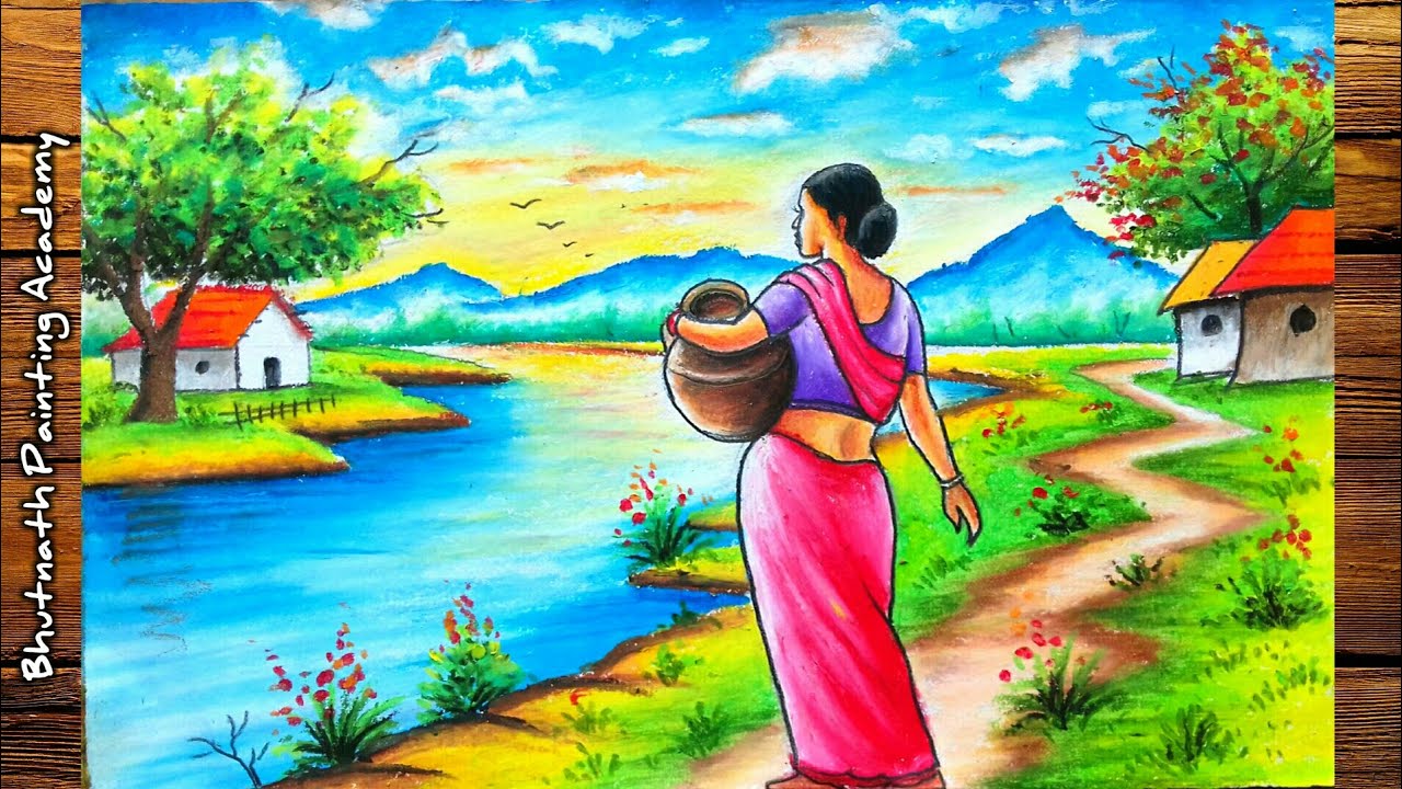 scenery drawing of beautiful village landscape ||girl drawing with oil pastel color