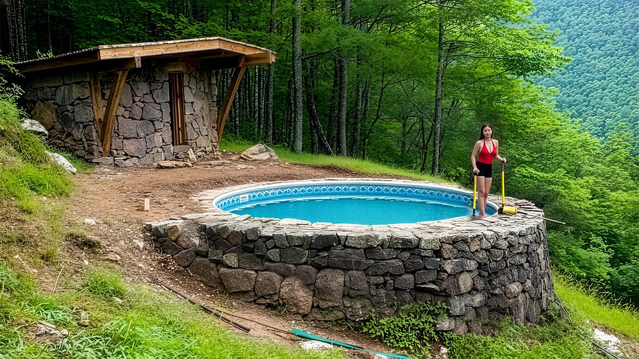 TIMELAPSE: Girl Complete Builds DIY STONE Swimming Pool - Start to Finish | Vu Ling HD