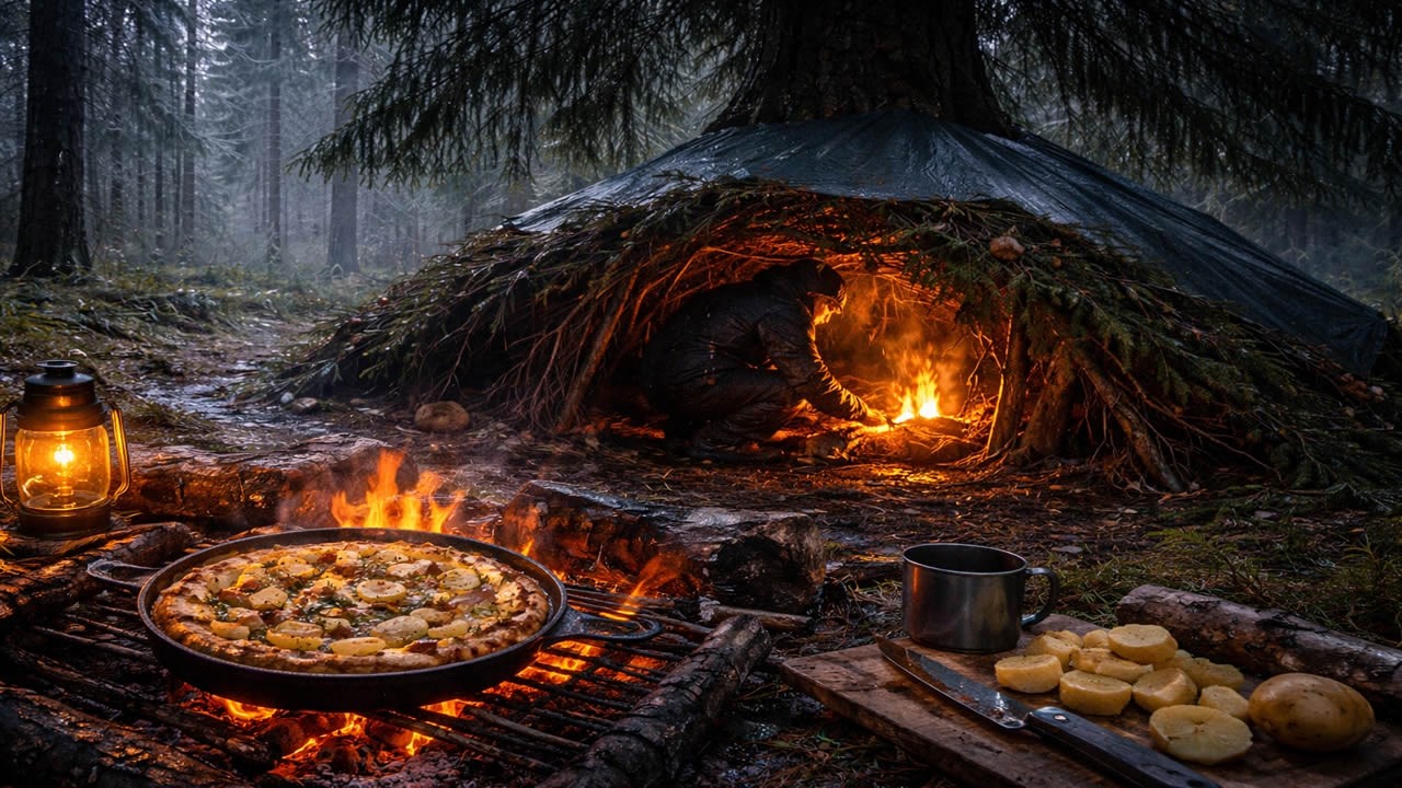 🎥 Rainy Tree Shelter: Potato Pizza Feast! ⛈️🍕