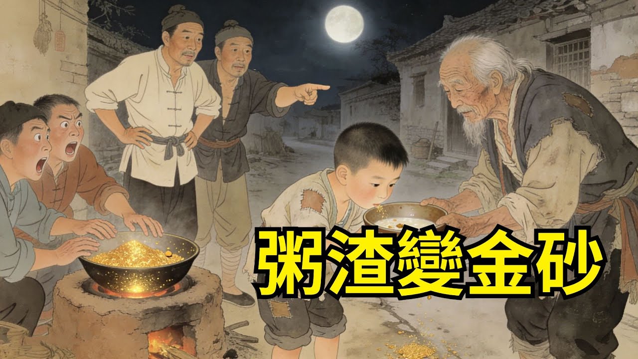 鬧饑荒那年，7歲孤童把最後的粥分給暈倒的老乞丐，被鄰居嘲笑「窮大方」。當夜老丐留下的破碗裏，粥渣竟變成金砂，鄉鄰們全被震住了【心事郵局】#民間故事#傳統故事#故事頻道#聽書#睡前故事#情感