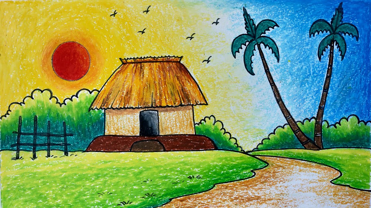 Easy Village Scenery / Village Scenery Drawing Step by Step for Beginners / How to Draw Easy Scenery