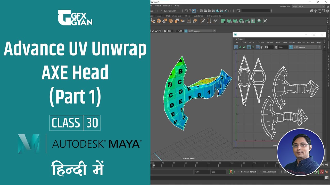 Class30 - UV Unwrap Axe Head in Autodesk Maya for Beginners Course in Hindi (Part 1)
