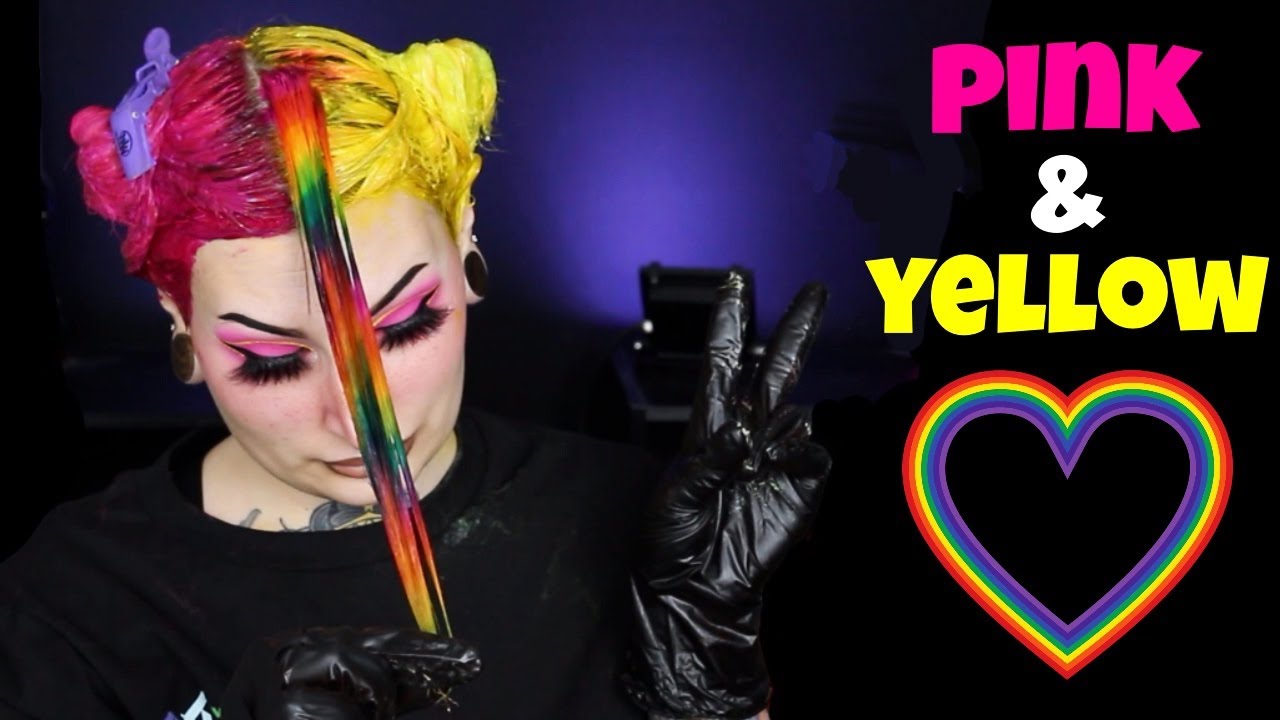 Pink & Yellow Split Dye Hair With A Splash Of Rainbow!