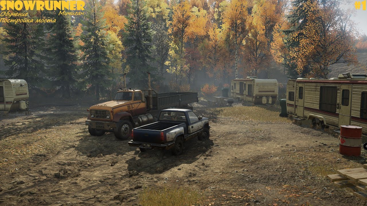 SnowRunner - Мичиган - Блэк-Ривер - Обучение - Постройка моста - #1