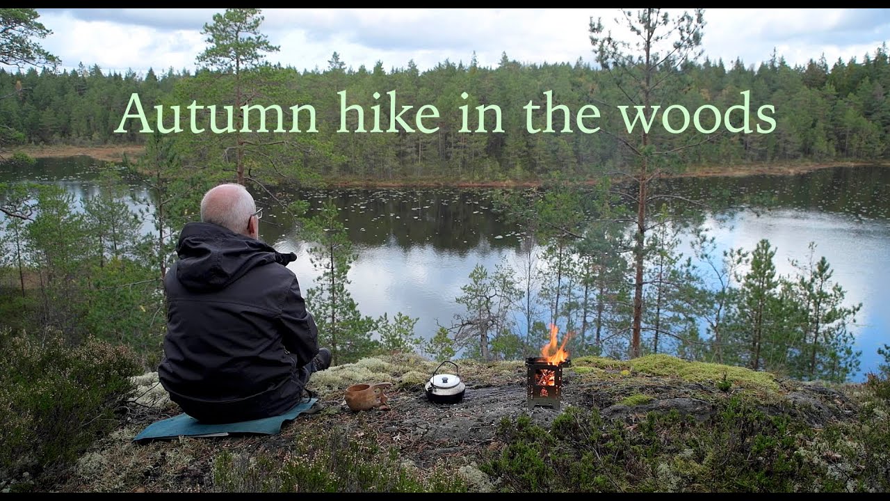 Hike alone in Autumn forest, Bushcraft Essentials LF stove, relaxing coffee at a wilderness lake