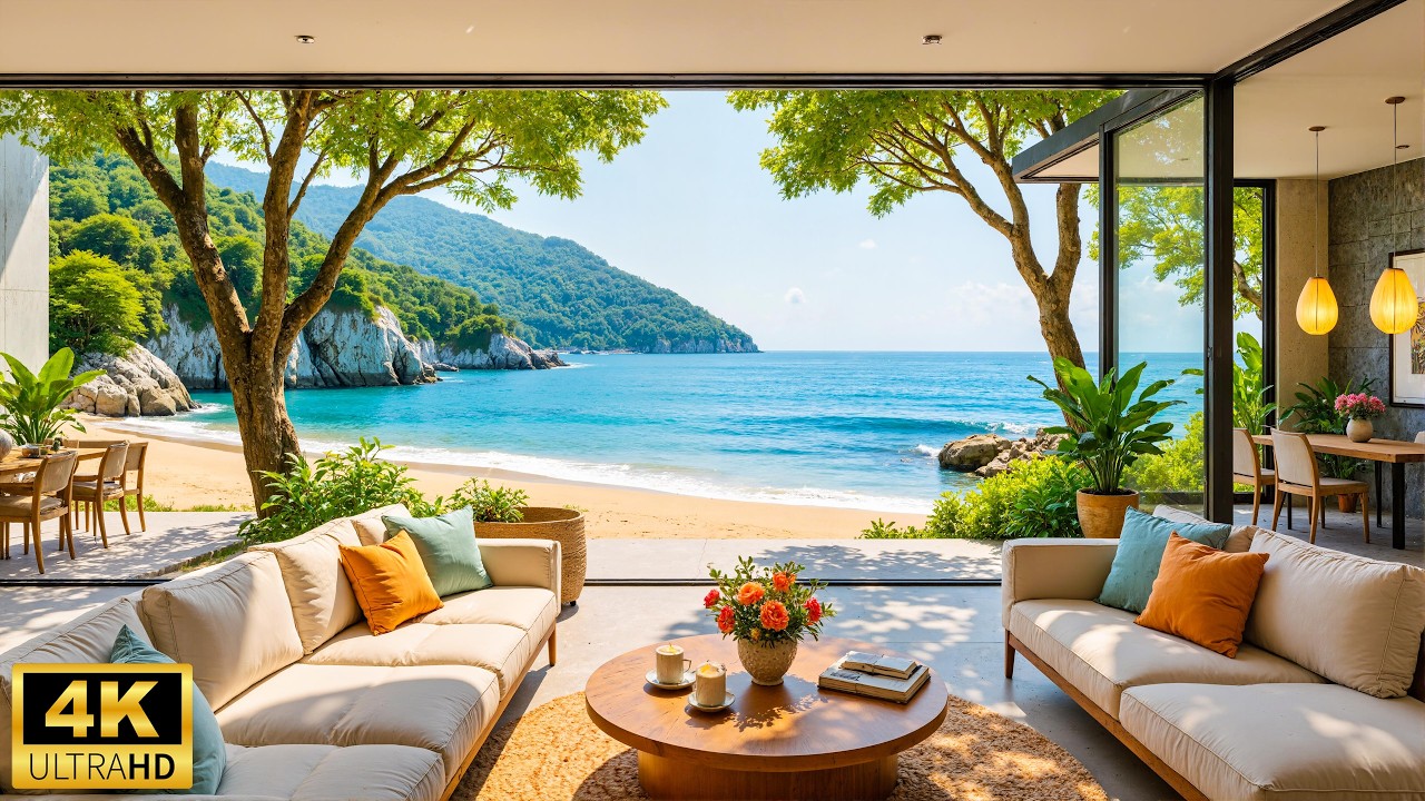 Morning Beachfront Living Room Ambience ☘️ Soft Piano Music, Ocean Waves & Nature Ambience for Study